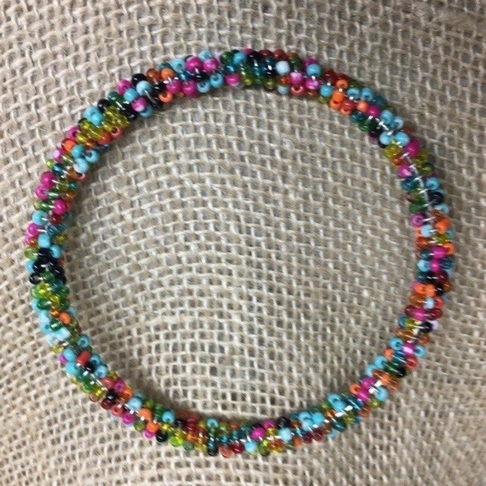 Bangle Bracelet Multicolor Seed Bead Silver BoHo Turquoise Pink Green Red Orange